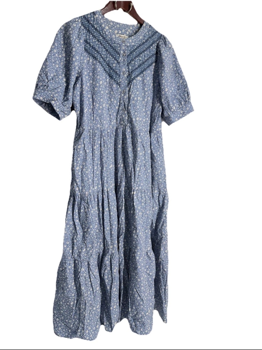 Madewell Midi Dress Embroidered Puff Sleeve Blue Ruffled M Cottage NH076 - Picture 9 of 15
